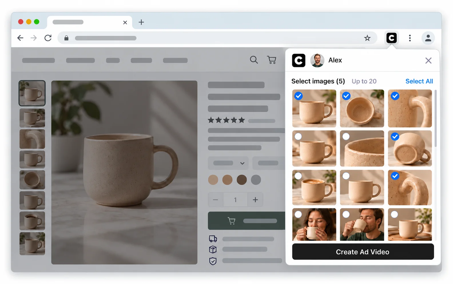 商品ページの上に開いた CawCut 拡張機能。取得した画像と「広告動画を作成」ボタンが表示されています