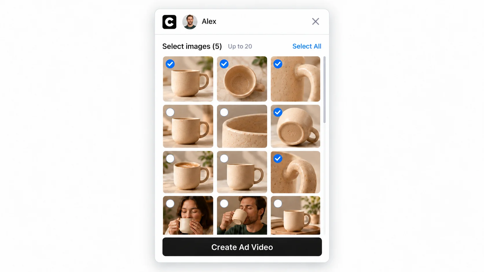 ブラウザーで開いた CawCut 拡張機能。選択した商品画像と「広告動画を作成」ボタンが表示されています