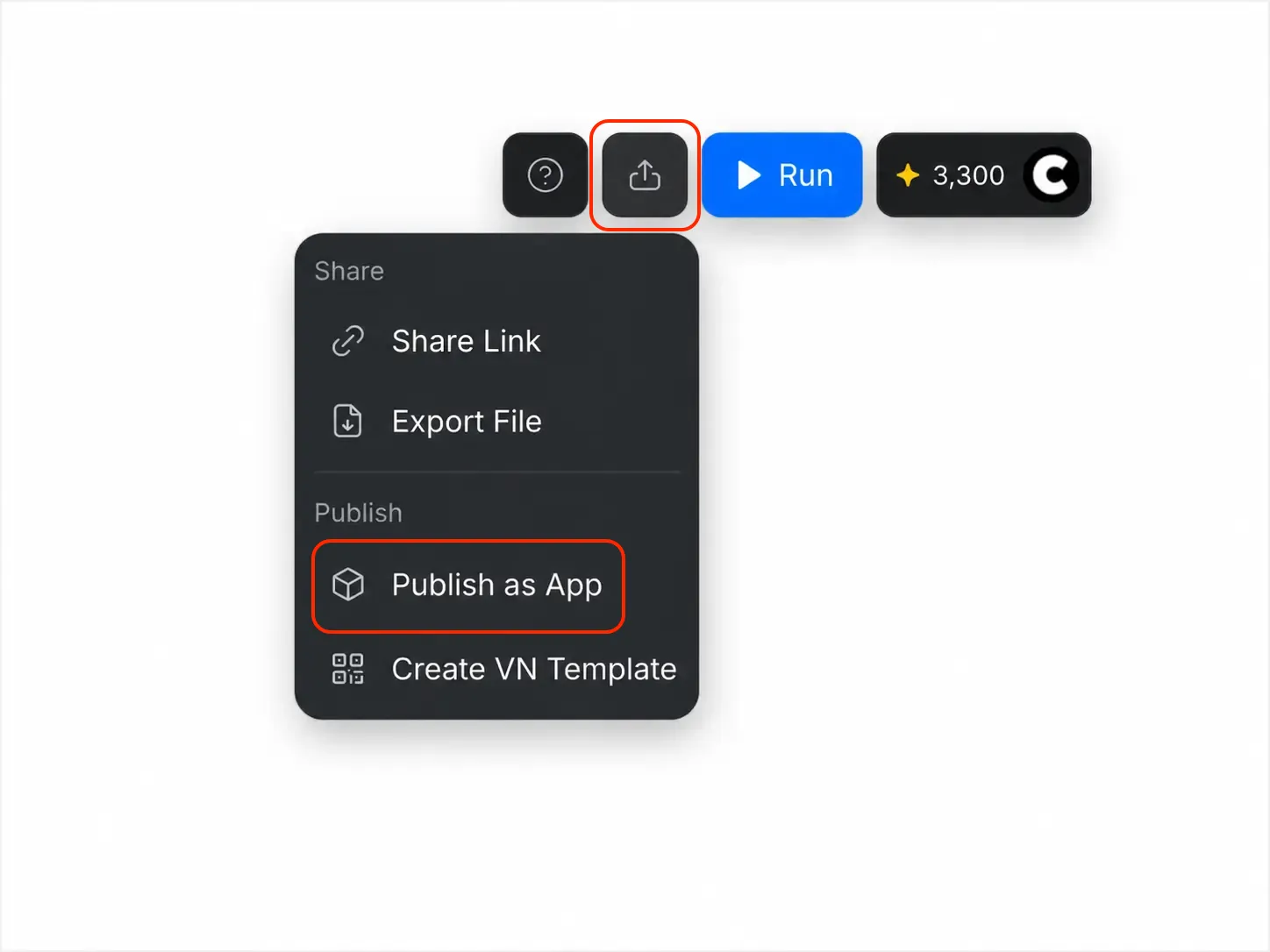 Share मेन्यू में Publish as App विकल्प