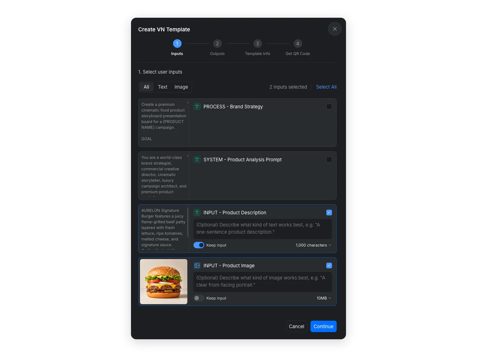 Select text and image inputs for a VN Template
