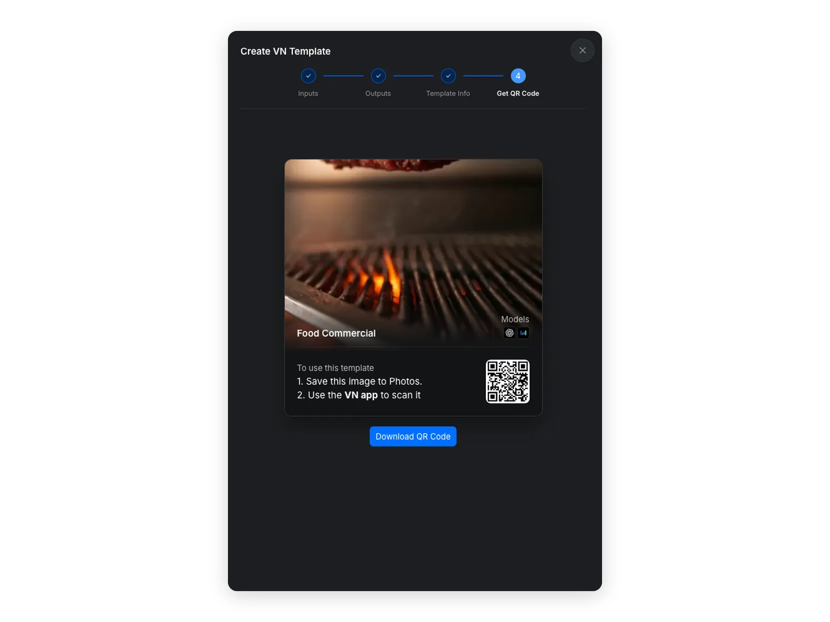 Generated VN Template QR code ready to test or download