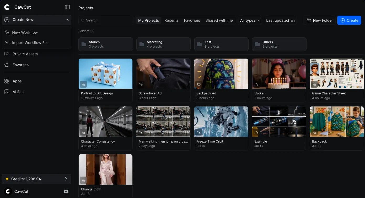 CawCut navigation and Projects page
