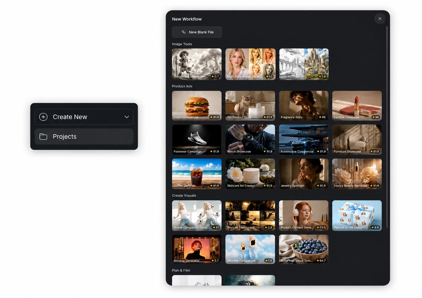 Open the Create New menu and choose an official template in the New Workflow window
