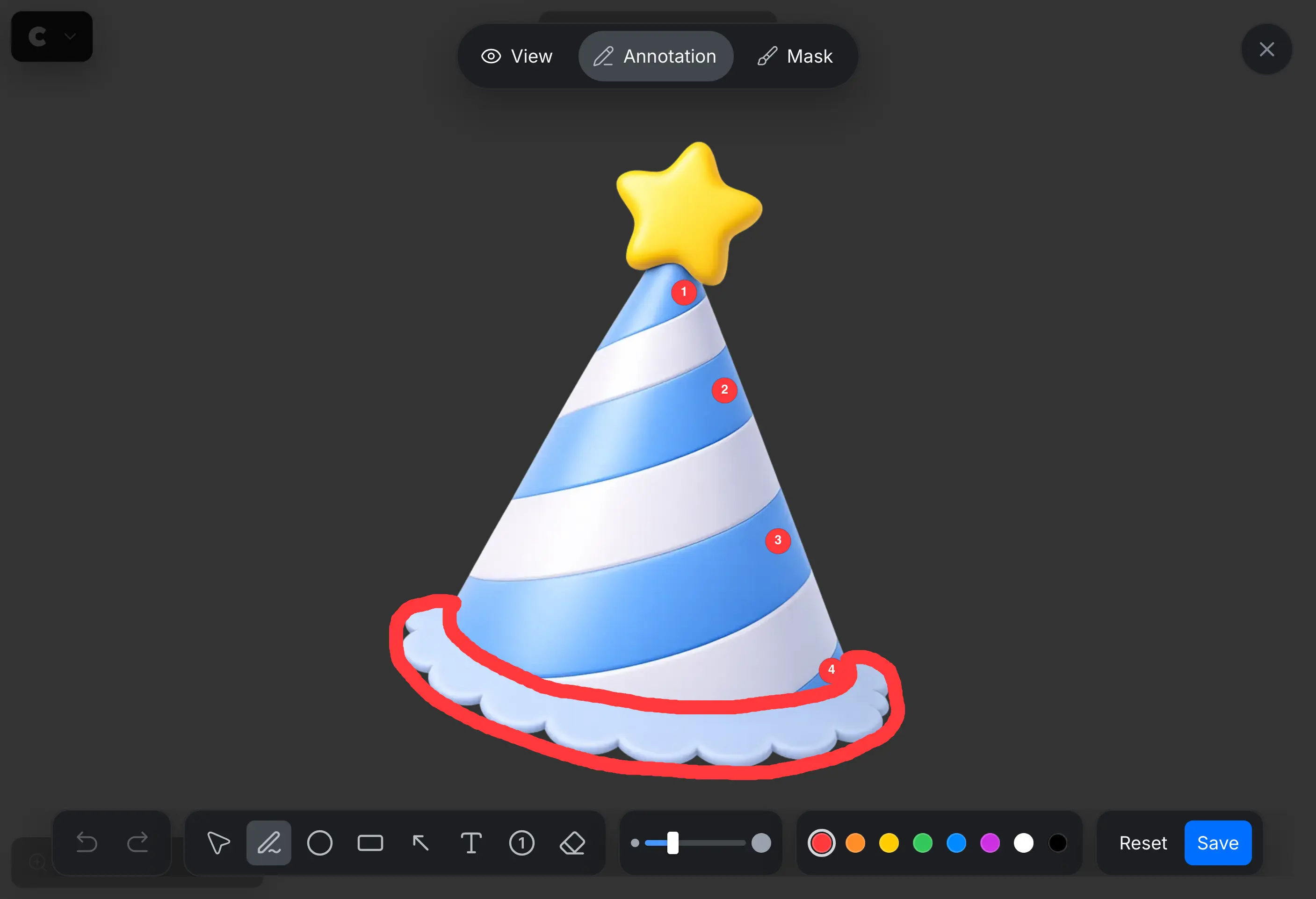 Annotation mode showing numbered markers and an outline added to a party hat.