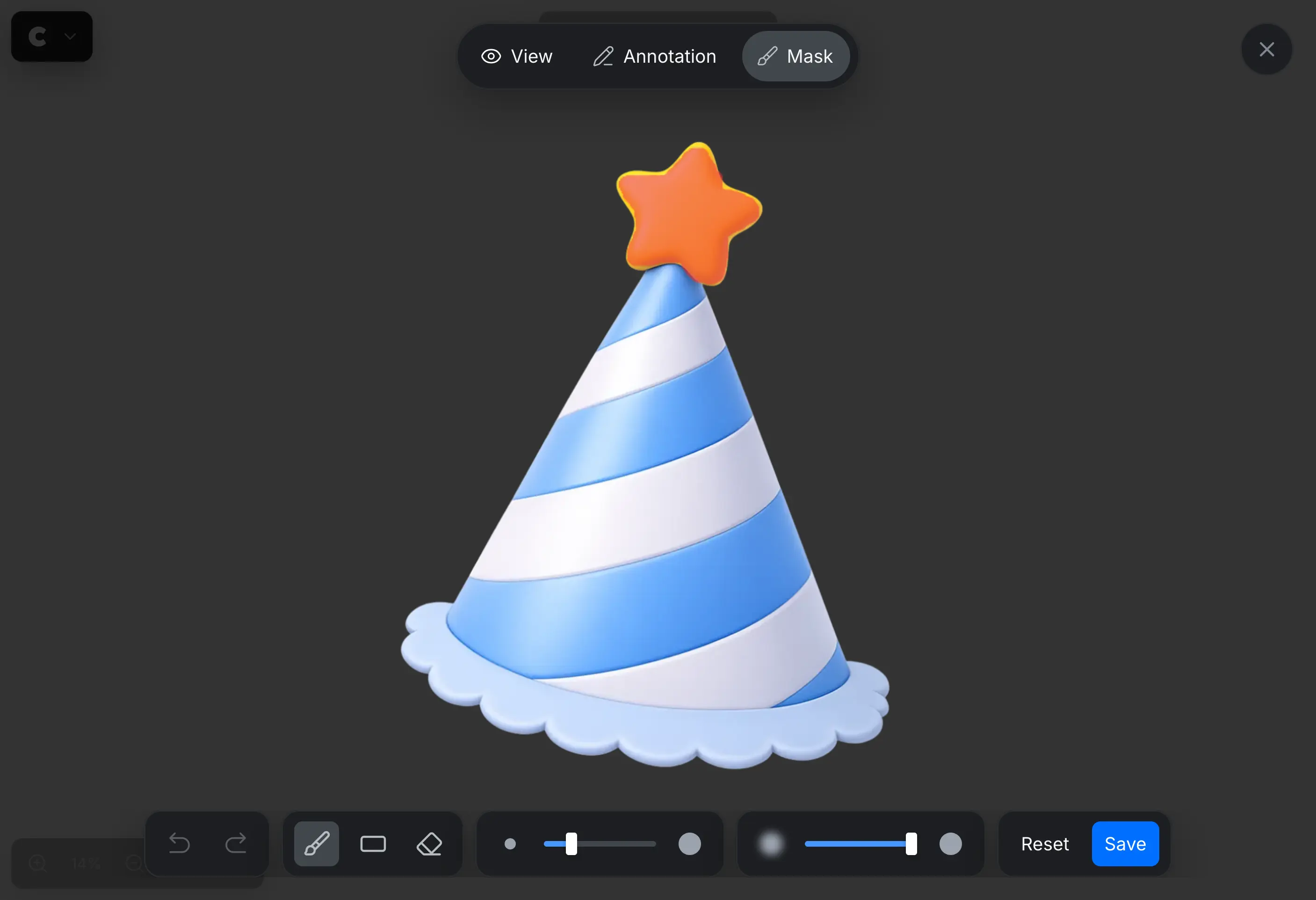 Mask mode showing the star on a party hat covered by an orange mask.