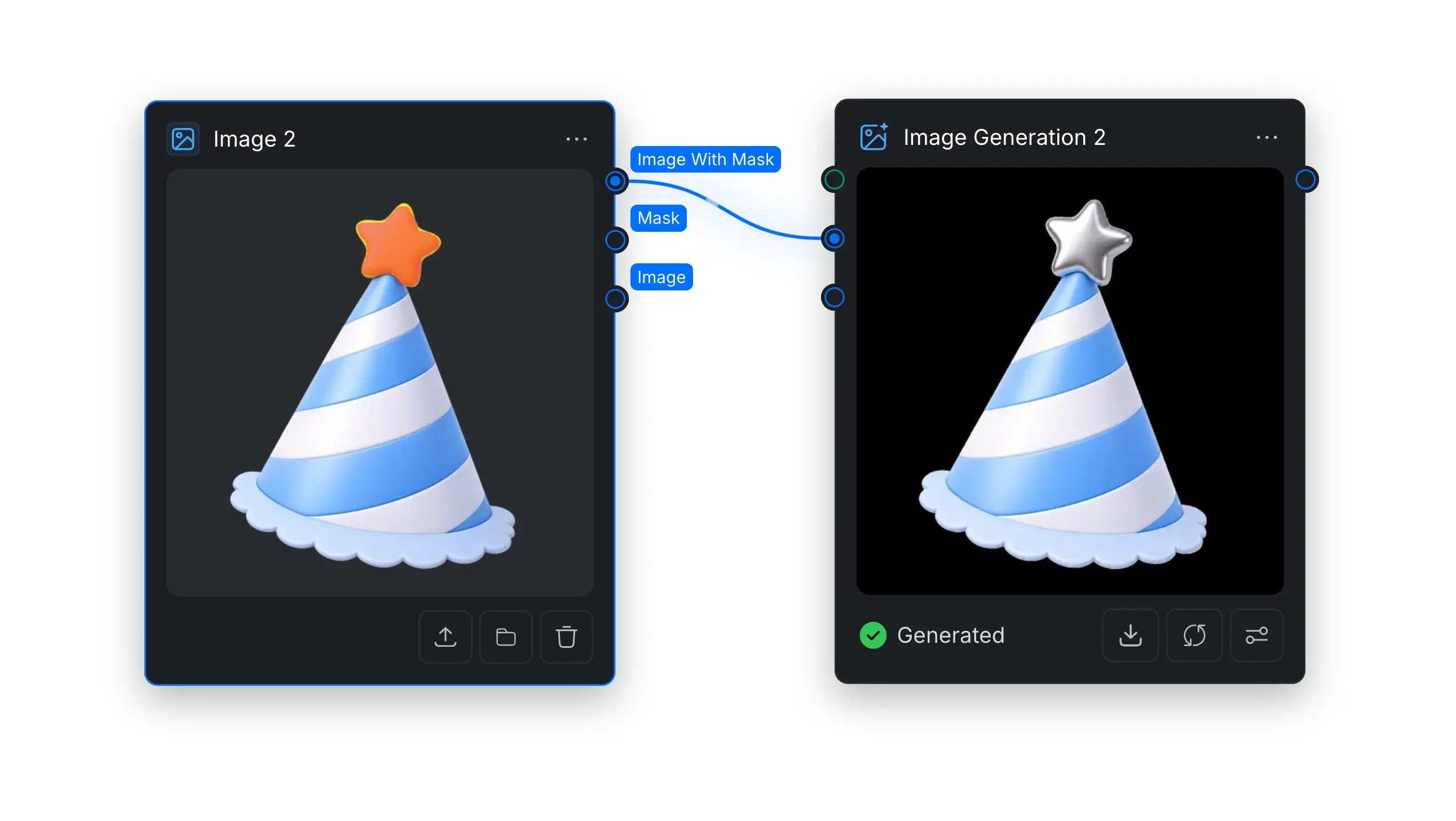 A masked party hat connected to an Image Generation node, with the generated result changing only the masked star to a metallic material.