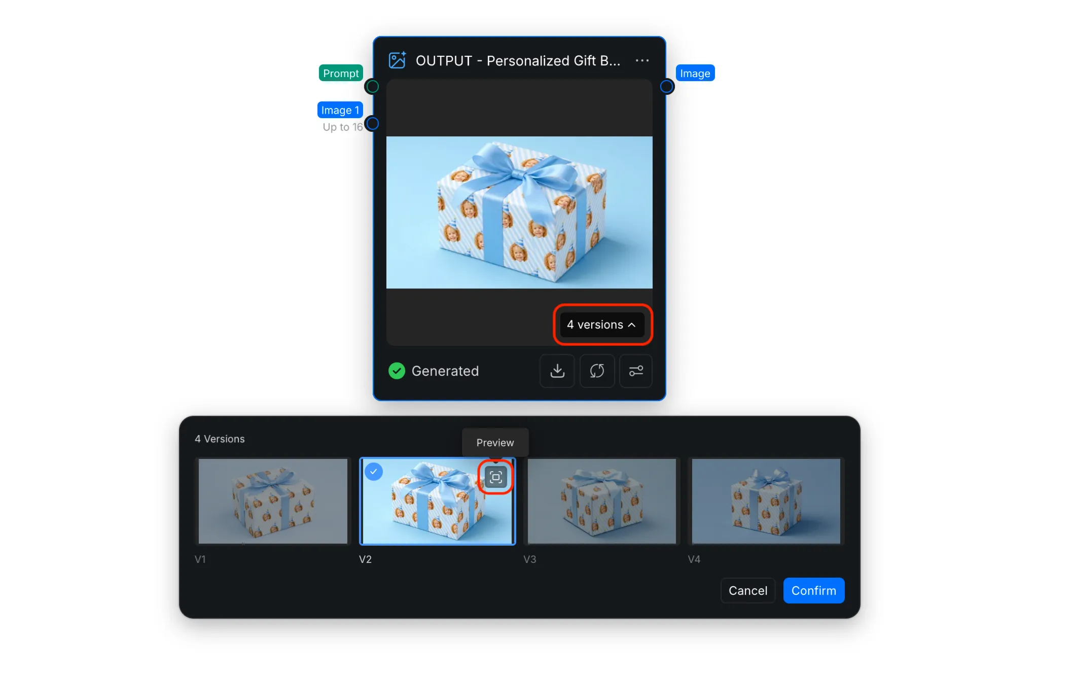 The versions menu showing four generated images and the control for selecting a version.