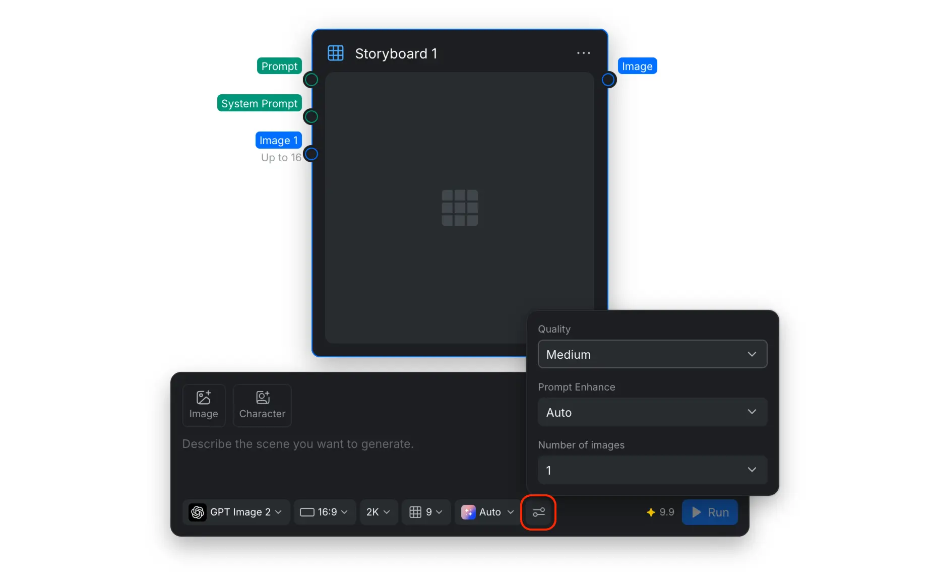 The Storyboard advanced settings menu with Quality, Prompt Enhance, and Number of images controls.
