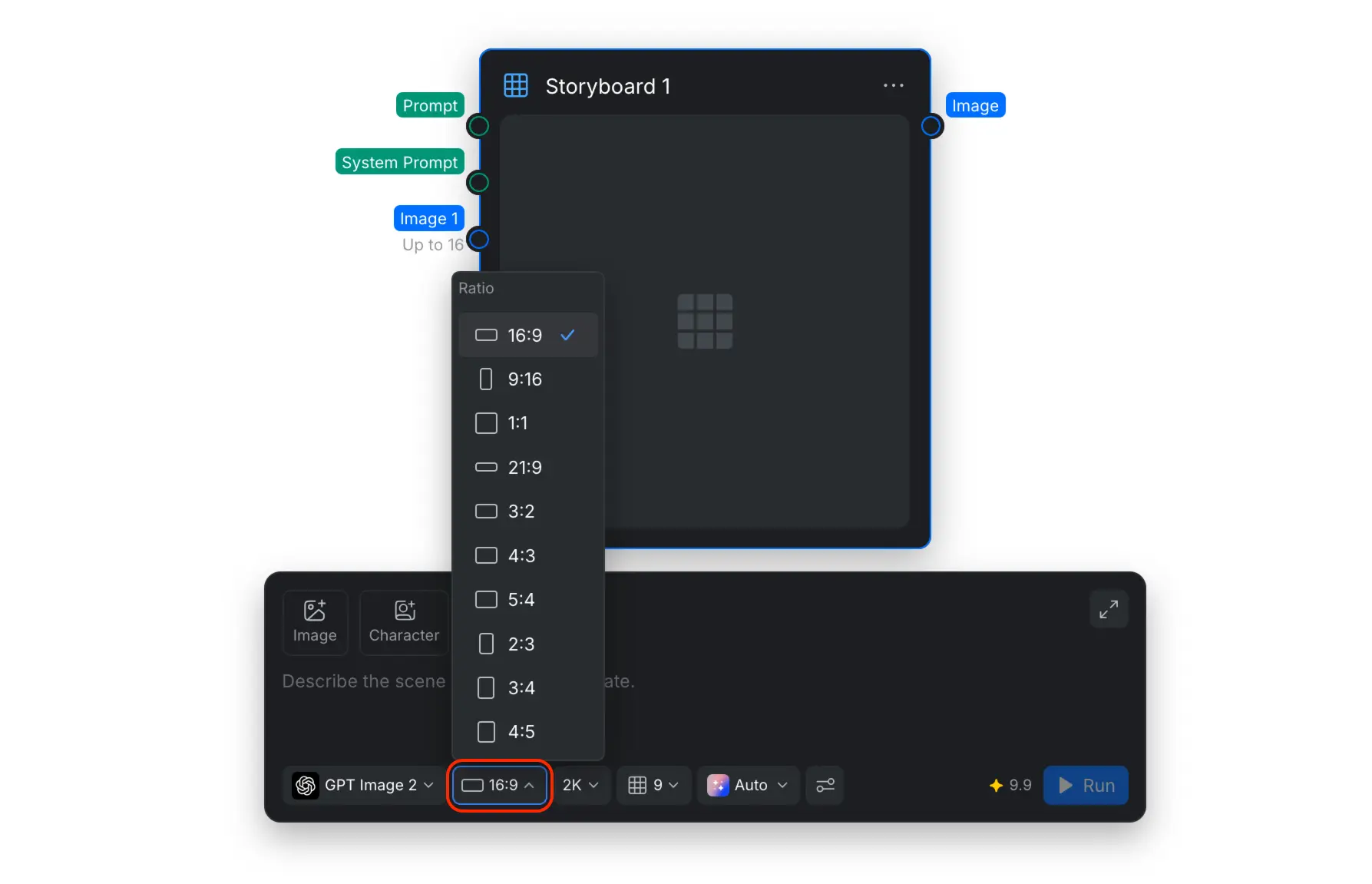 The Storyboard aspect ratio menu with landscape, square, and portrait canvas options.