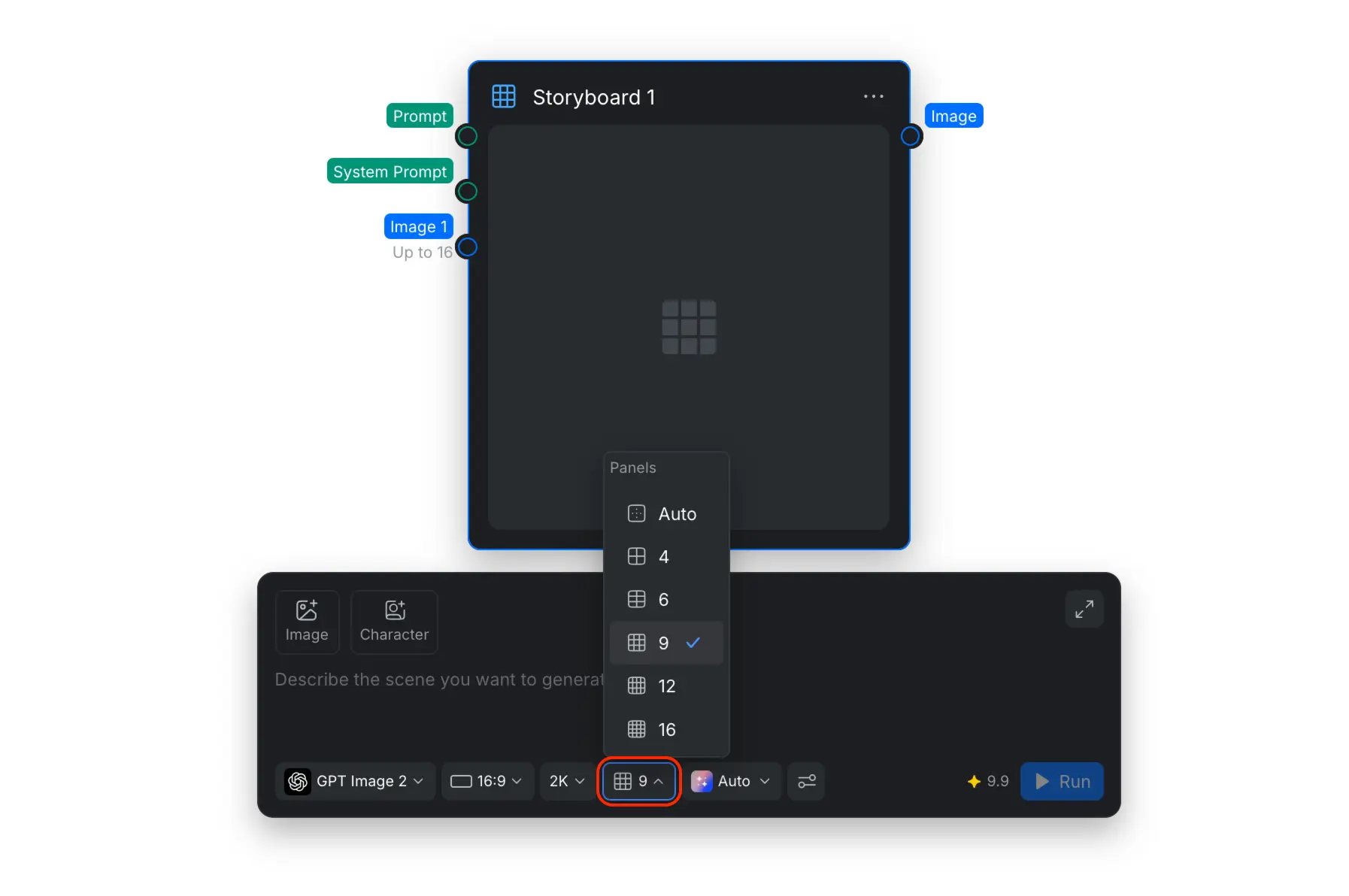 The Storyboard Panels menu with Auto, 4, 6, 9, 12, and 16 panel options.