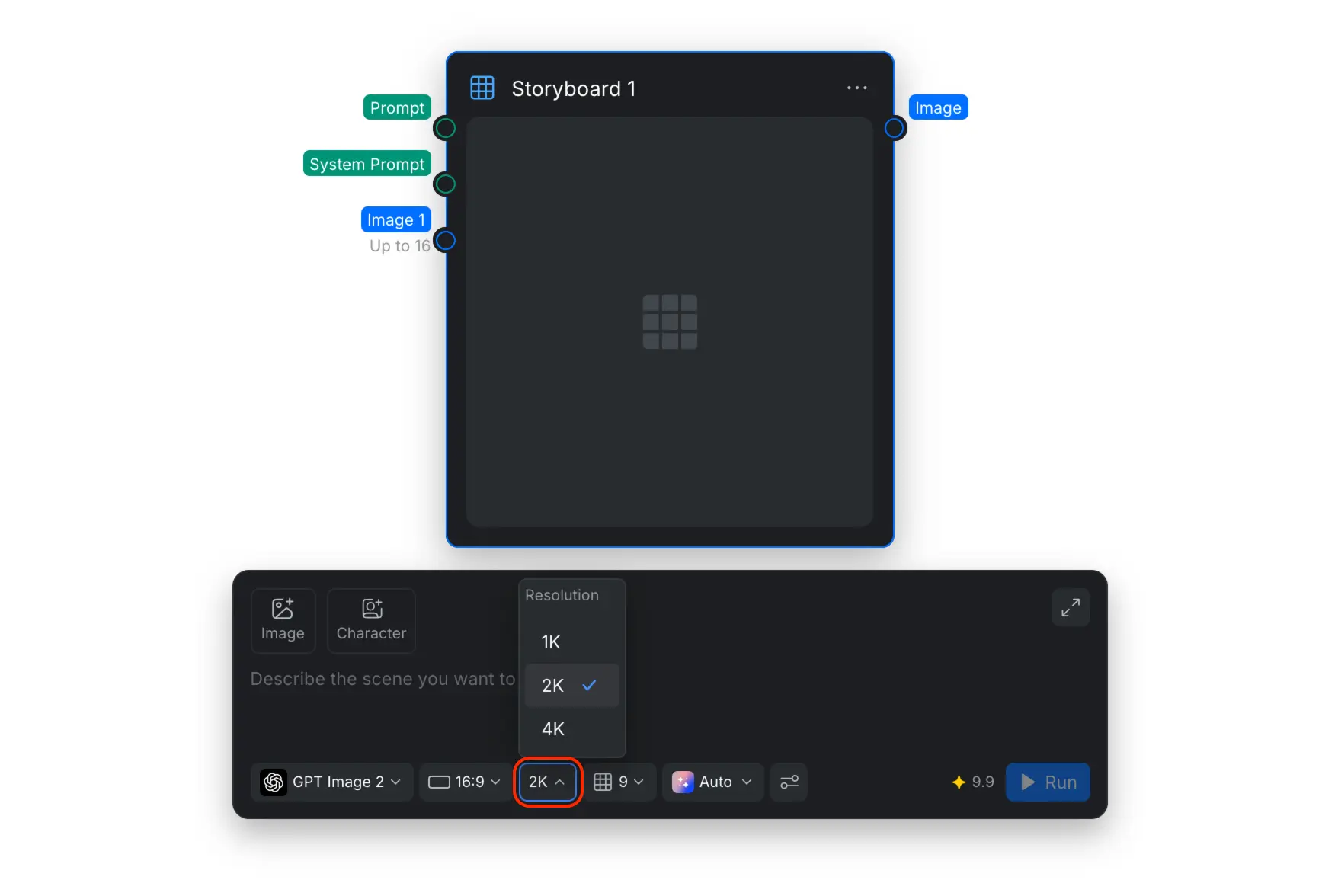 The Storyboard resolution menu with 1K, 2K, and 4K options.