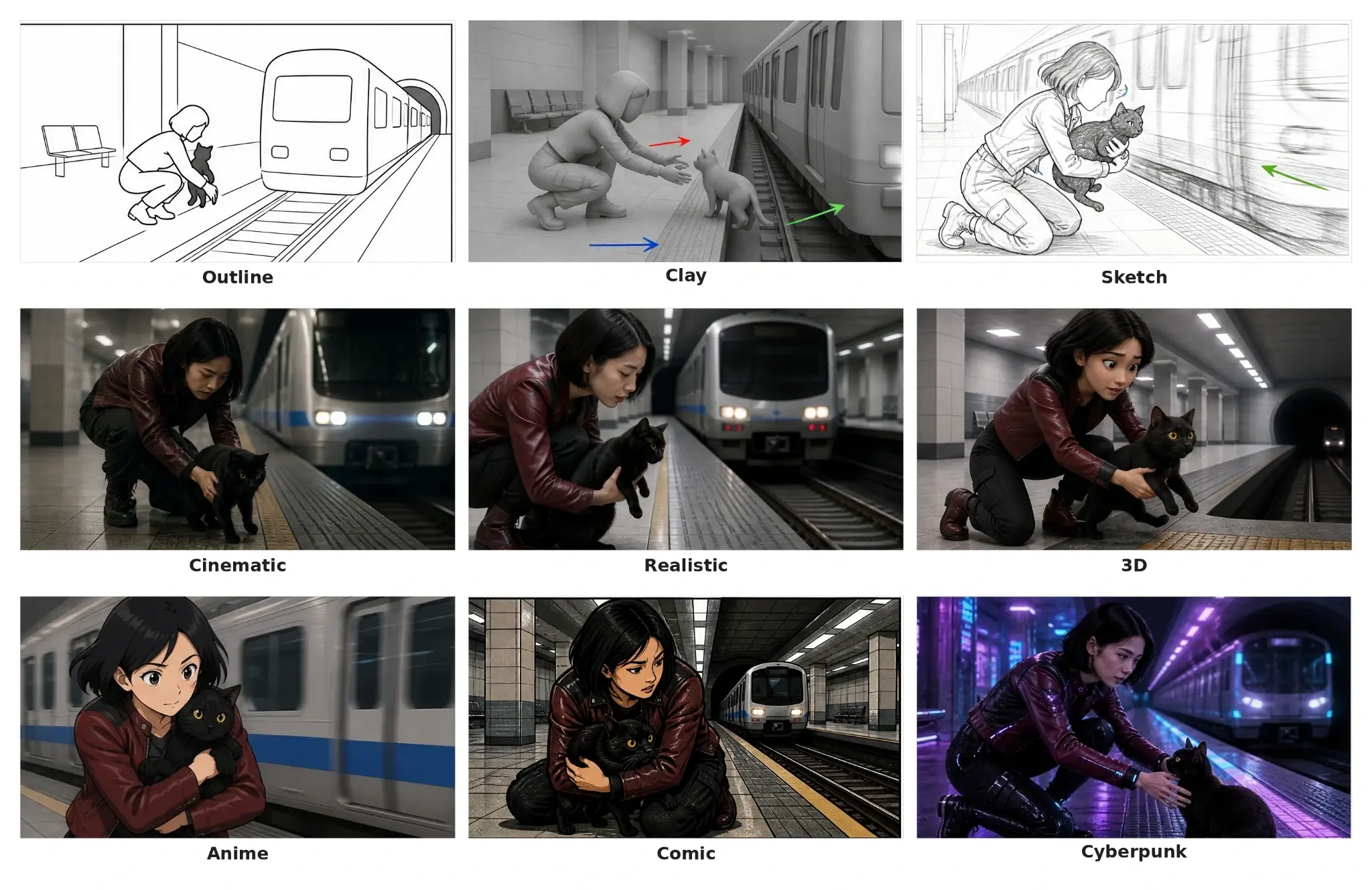 A comparison grid showing the same train-platform sequence in Outline, Clay, Sketch, Cinematic, Realistic, 3D, Anime, Comic, and Cyberpunk Storyboard styles.