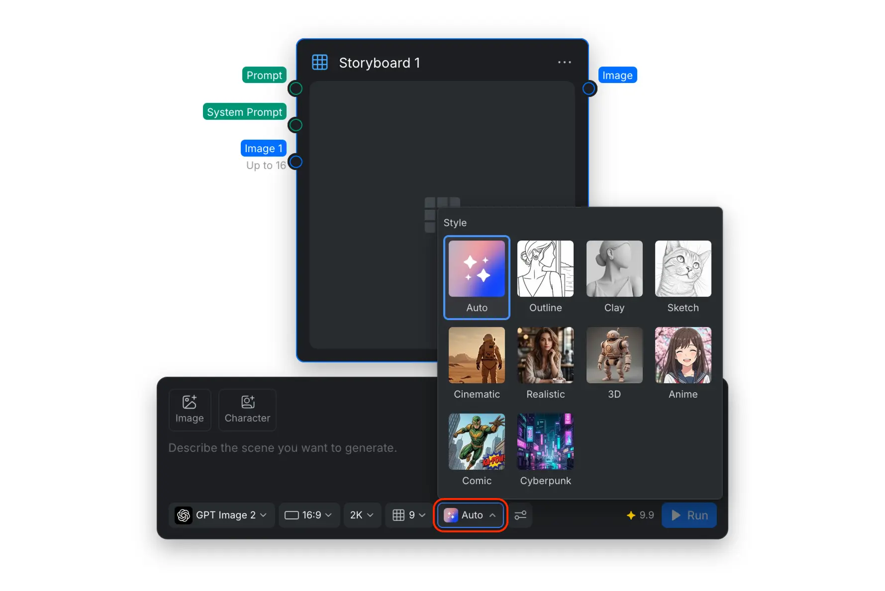 The Storyboard Style menu showing Auto, Outline, Clay, Sketch, Cinematic, Realistic, 3D, Anime, Comic, and Cyberpunk.