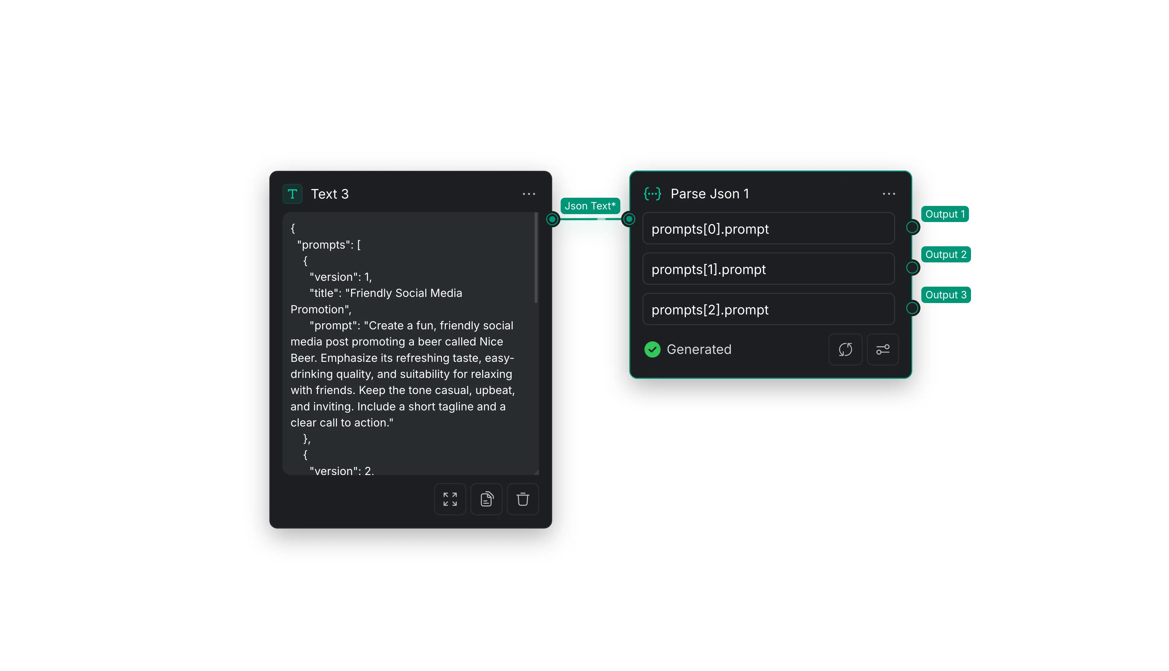 A Text node containing JSON connected to a Parse JSON node with three field paths.