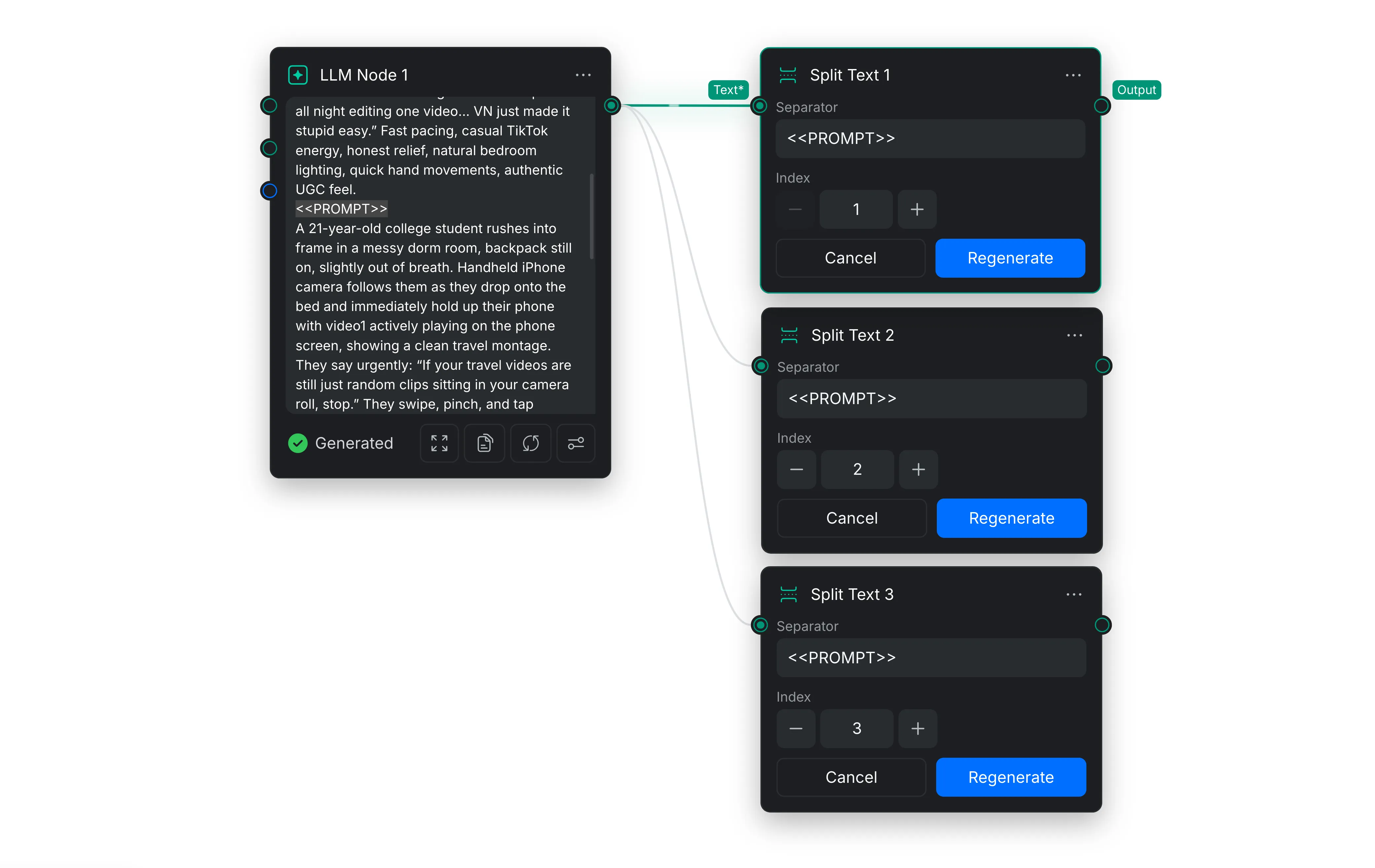 A long prompt with different versions being separated using Split Text node.