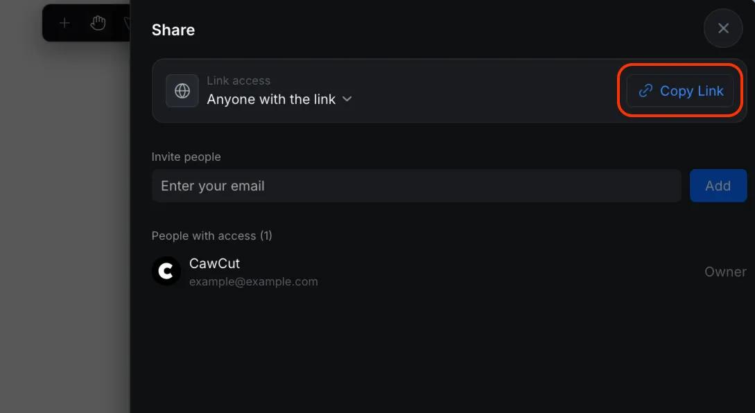 Bouton Copier le lien d’un workflow CawCut partagé