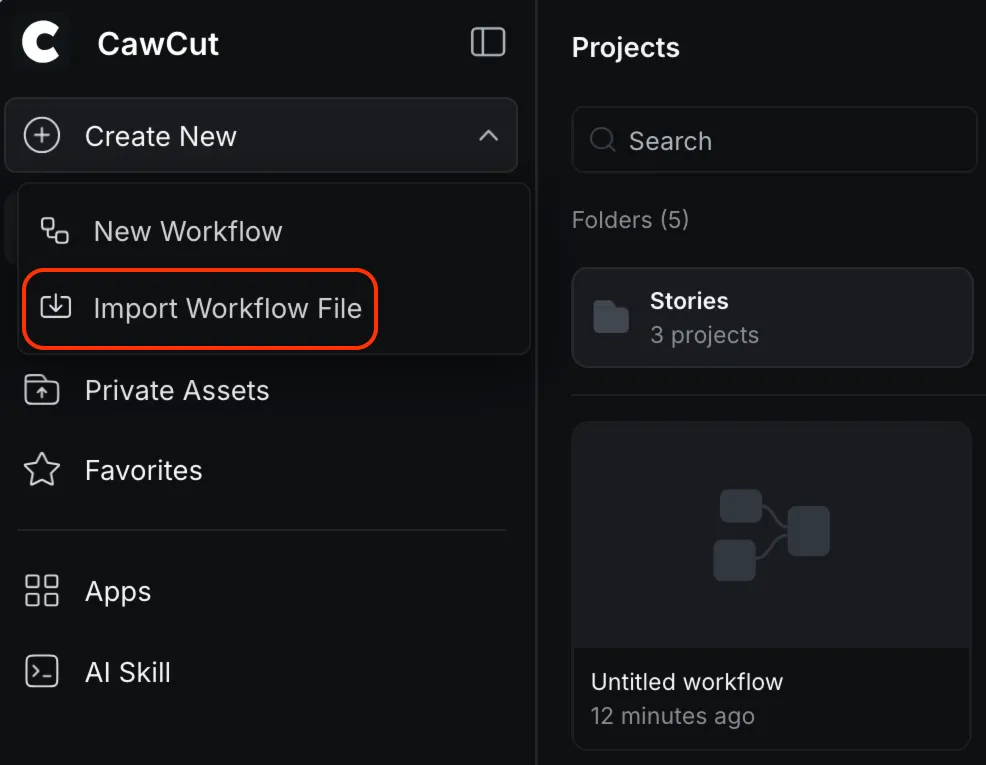 Importer un fichier de workflow sur la page Projets de CawCut