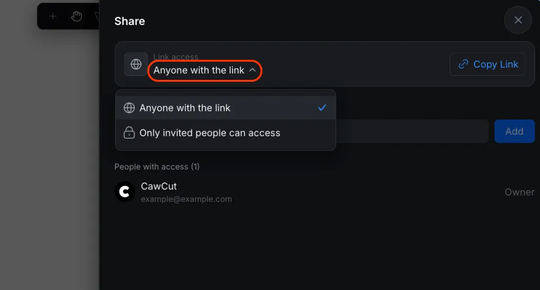 Options d’accès par lien d’un workflow CawCut partagé